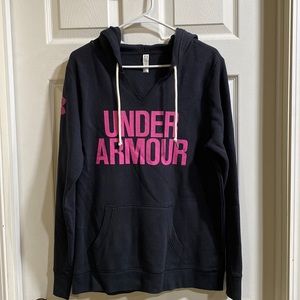 Under armour L loose fit hoodie. Black w/ Pink lettering, kangaroo pouch pocket